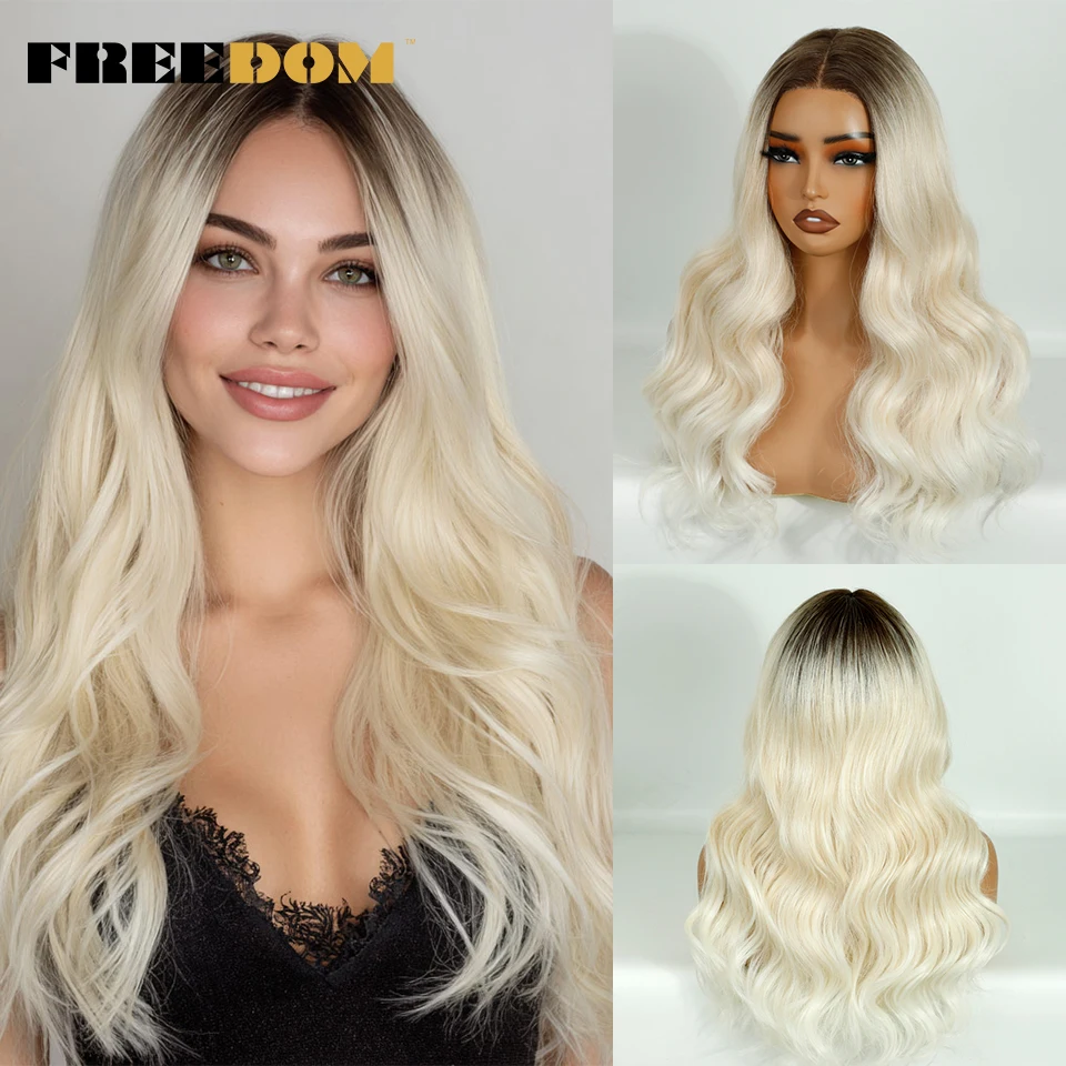 

FREEDOM Synthetic Lace Front Wigs For Women 24 Inch Long Body Wave Pre-Cut Pre Plucked Lace Wig Ombre Blonde White Cosplay Wig