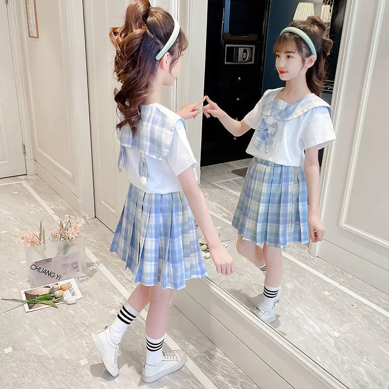 2023 new teens Summer Fashion Child Primary School Girl JK Uniform Bow sailor Collar Blouse Shirt + Plaid Pleated Skirt 2pc/Set