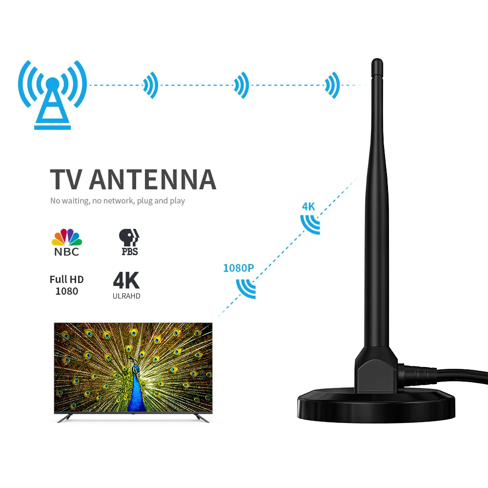 Antenne numérique d'intérieur DVB-T avec base magnétique, réception UHF et VHF, câble de 10 pieds