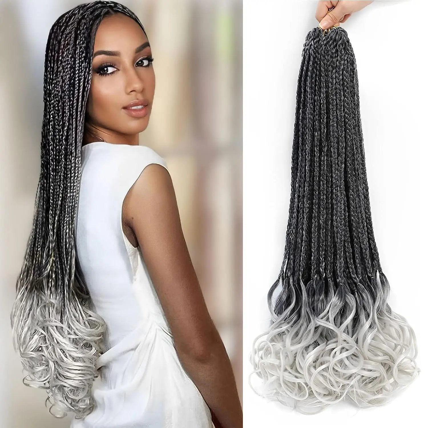 

24 Inch French Curly Braiding Hair Ombre Gray French Curl Crochet Braids For Black Women Goddess Box Braids Crochet Hair