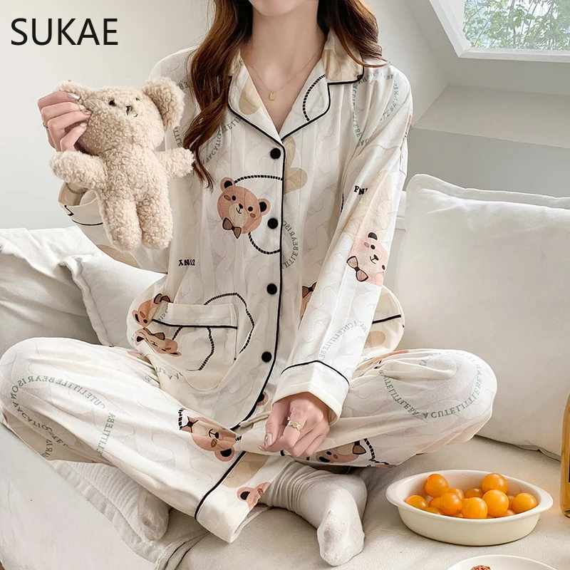 

SUKAE Girls Pajamas Set New Spring Autumn Women Sleepwear Stereoscopic Jacquard Faux Cotton Long Sleeves Homesuits Cardigan Pjs