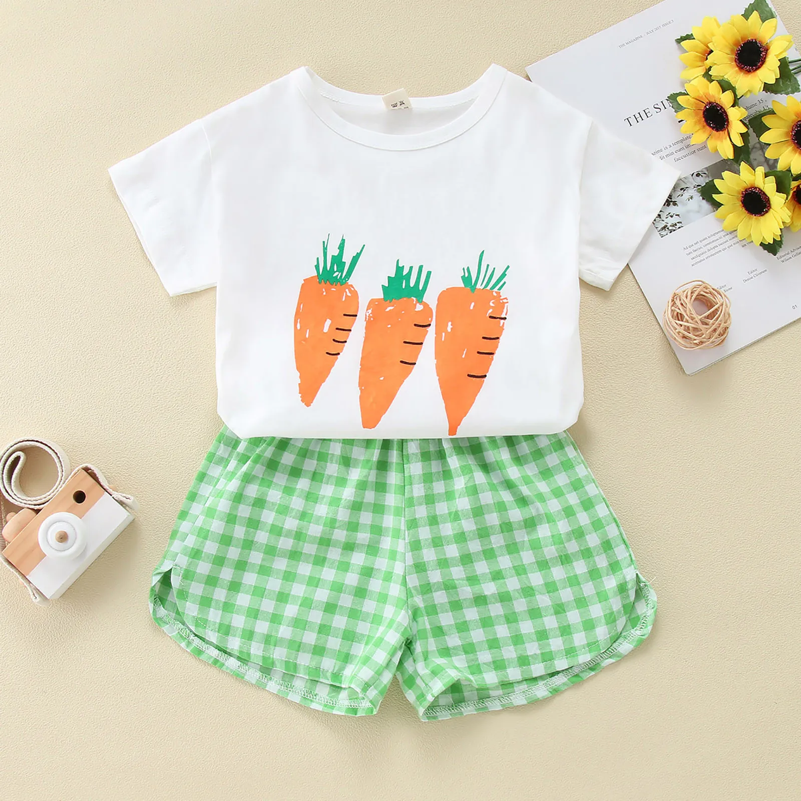 Toddler Boys Girls Clothes Set Kids Short Sleeve Cute Fruit Print Floral T Shirt Tops Plaid Shorts Casual 2PCS Outfits ropa niña