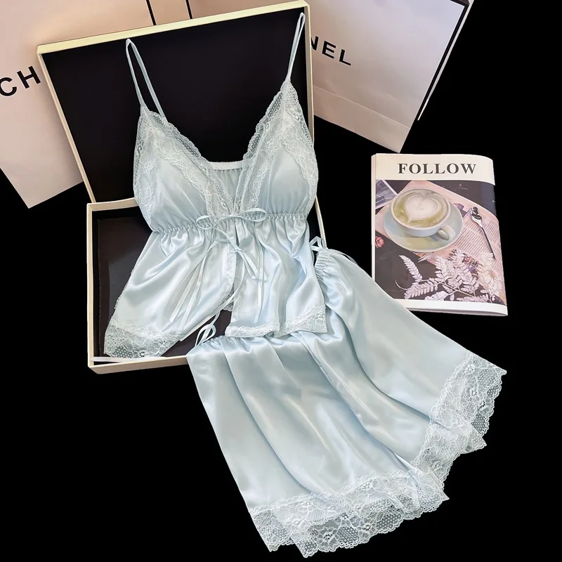 Women's Two-Piece Comfortable Sleepwear with Chest Cushion V-Neck Thin Shoulder Strap Lace Edge Summer Women's Home Sleepwear
