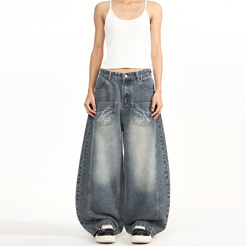 

Men's Jeans American Fashion Laser Printed MultiPocket Scythe Denim Long Pants Unisex Baggy Draped Floor Length Trousers