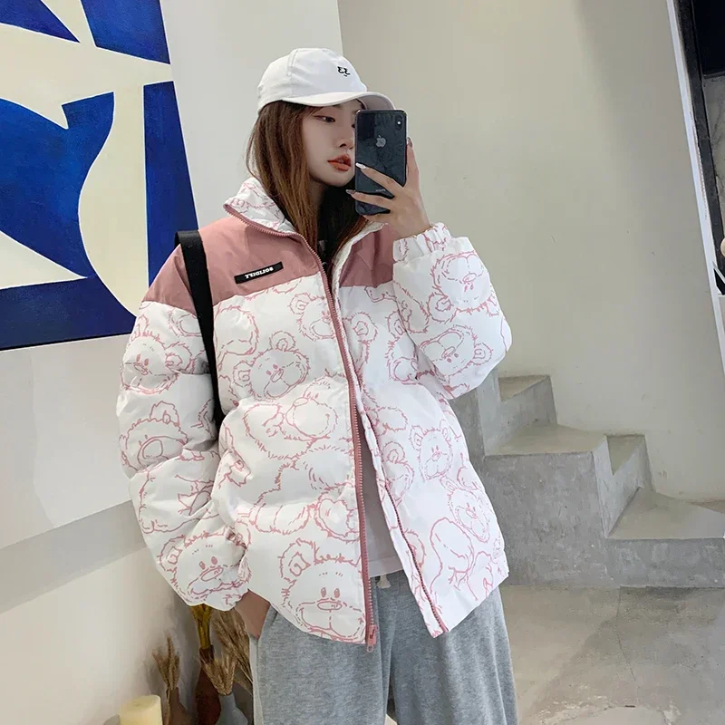 2025 Cartoon Bear Print Down Jacket Women New Winter Thicken Oversized Bubble Coats Japanese Loose Crop Puffer Jacket Woman