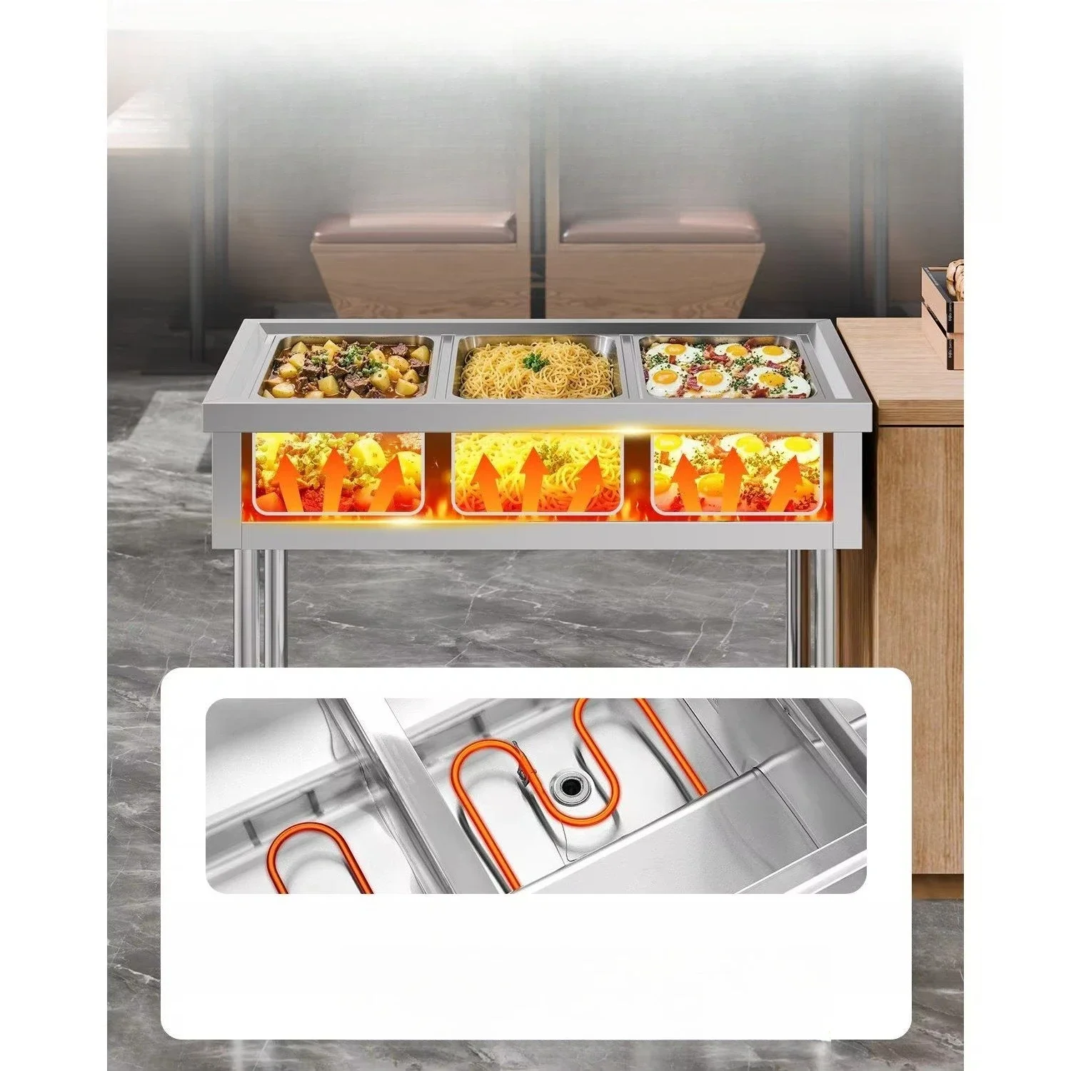 Commercial 3-pot food heater steaming tables with individual temperature control for hotels and restaurants