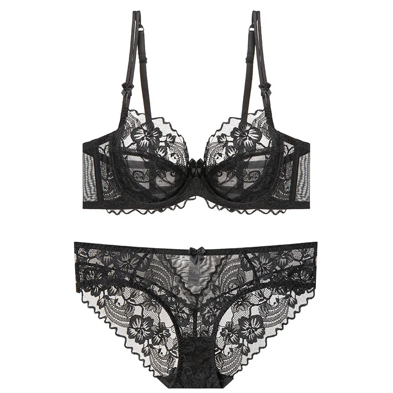 

Sexy Lace Bra Set Ultra Thin Transparent Large Size Anti Sagging Underwear Summer Breathable Nylon /4 Cup Pure Desire Style