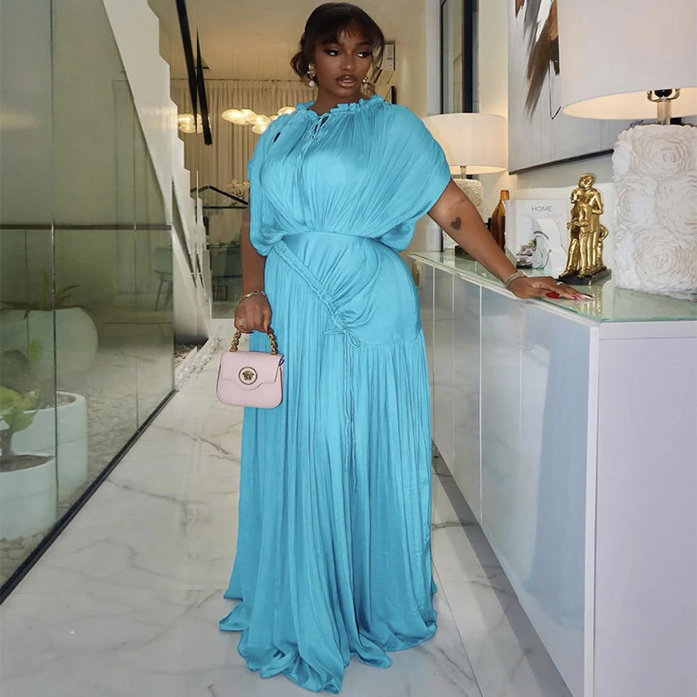 فستان فاخر أنيق فضفاض مطوي فستان محكم من عند الصدر ويتدلى بشكل واسع للنساء بلون سادة وأكمام قصيرة فساتين ماكسي لصيف وخريف 2025 رداء حفلات الكوكتيل