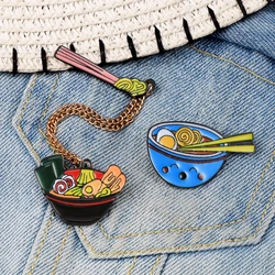 Foodie Ramen Metal Chain Brooches Anime Pins Cartoon Japanese Egg Noodles Soup Food Enamel Bowls Chopsticks Badges Jewelry Gifts