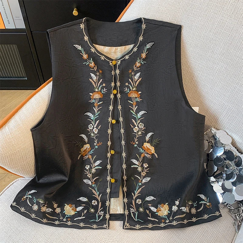 

New Chinese Sle Silk Vest Women Summer Silk Svel Embroidered Waistcoat Outerwear Ethnic Sle Jaet