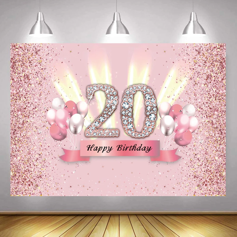 Sweet Pink 20th Photo Backdrop Girls Happy Birthday Party Pink Twenty Years Photograph Background Photo Banner Decoration