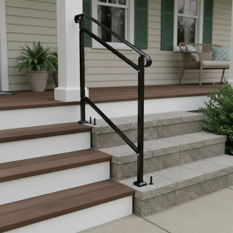 

Wrought Iron Balustrade 1 to 2 Steps For Concrete Porch Garden Path Wooden Stairs, Adjustable Transitional Handrail Black Metal Support Rod Installation Kit Included