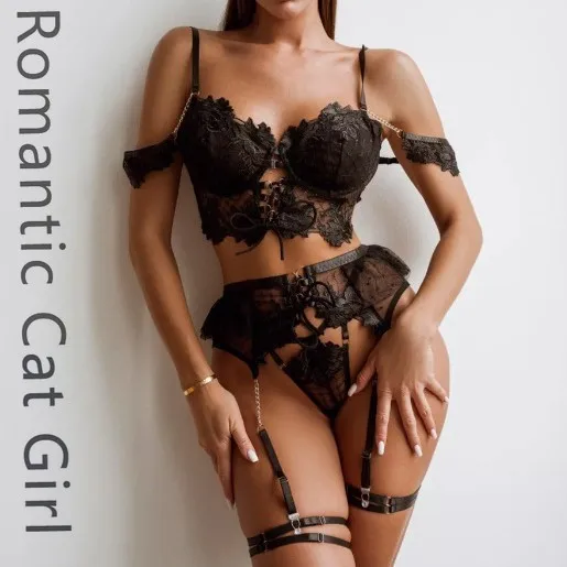 

2025 новое европейское и американское сексуальное нижнее белье, сексуальный женский кружевной сексуальный костюм с полой вышивкой и подвязками
