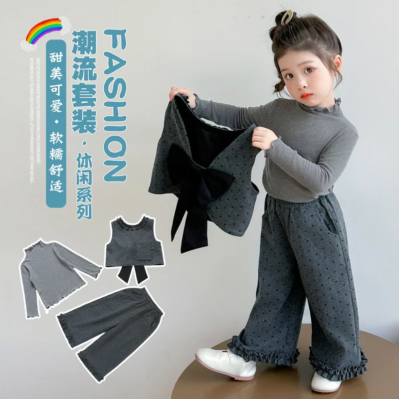 女の子の秋の服装-子供服2026新作-おしゃれで流行のリボン付き3点セット-幼女向け