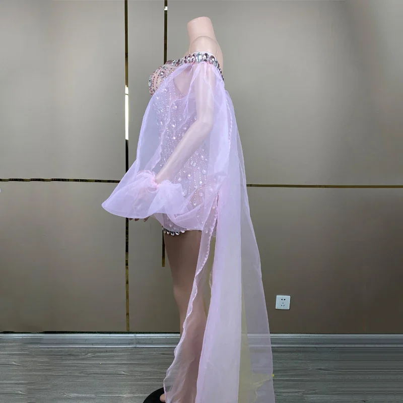 Vestido rosa amarillo con diamantes de imitación para mujer, vestidos de fiesta para celebrar, traje de Festival, disfraz de pasarela