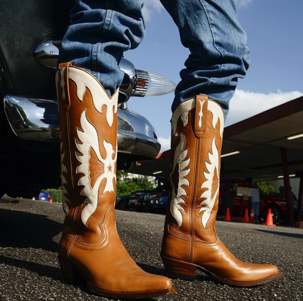 

Colorblock High-Top Thick Heels Biker Boots Soft Leather Pointed Viscose Women's Botines Brown Knee-High Slip-On Botas Femininas
