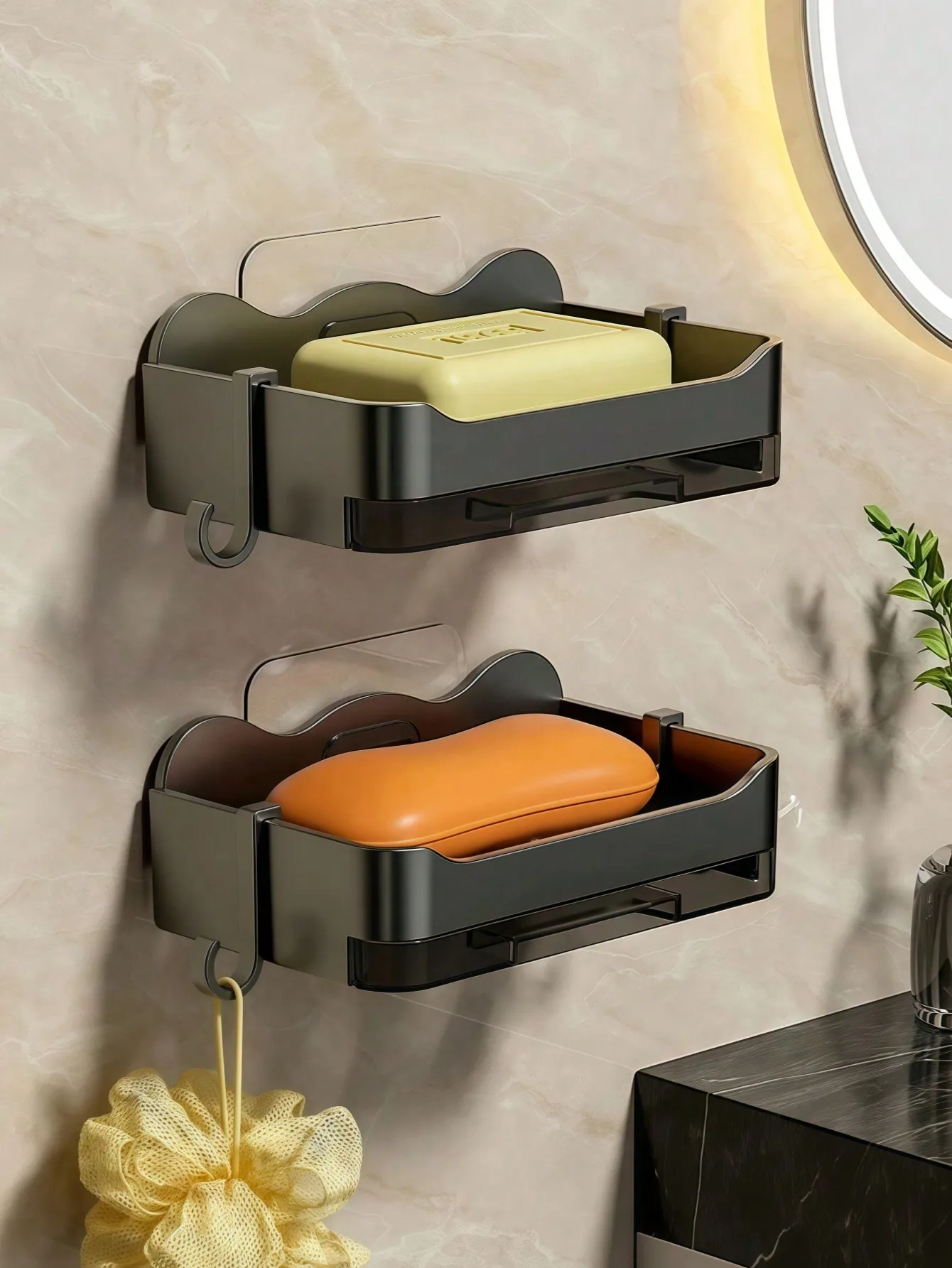 Soporte para jabón sin herramientas, organizador de baño ventilado de doble nivel con base de drenaje, protector de jabón antideslizante ABS de primera calidad ​ ​