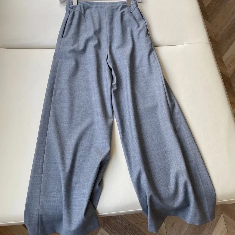 2025 Spring Wool Wide-leg Drawstrings Grey Pants Women