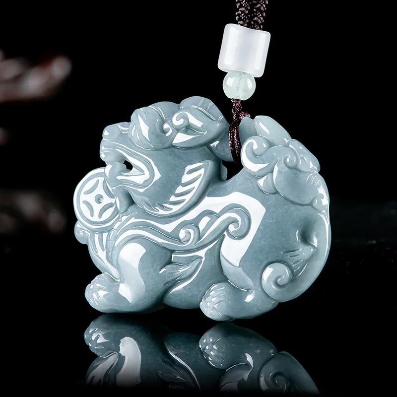 Natural A-grade Jade Blue Water Three-dimensional Money Pixiu Pendant Ice Jadeite Stone Tongcai Men's Charms Women's Jewelry