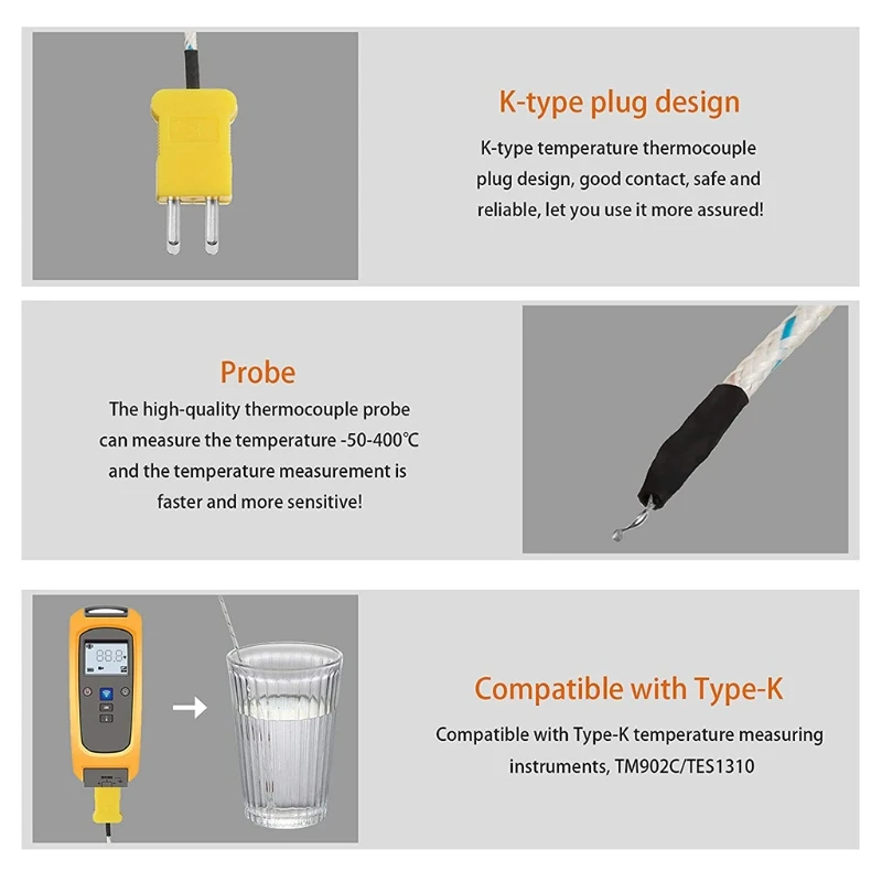 5pcs K-Type Temp Sensing Line Measure -50 to 400°C for Thermocouple