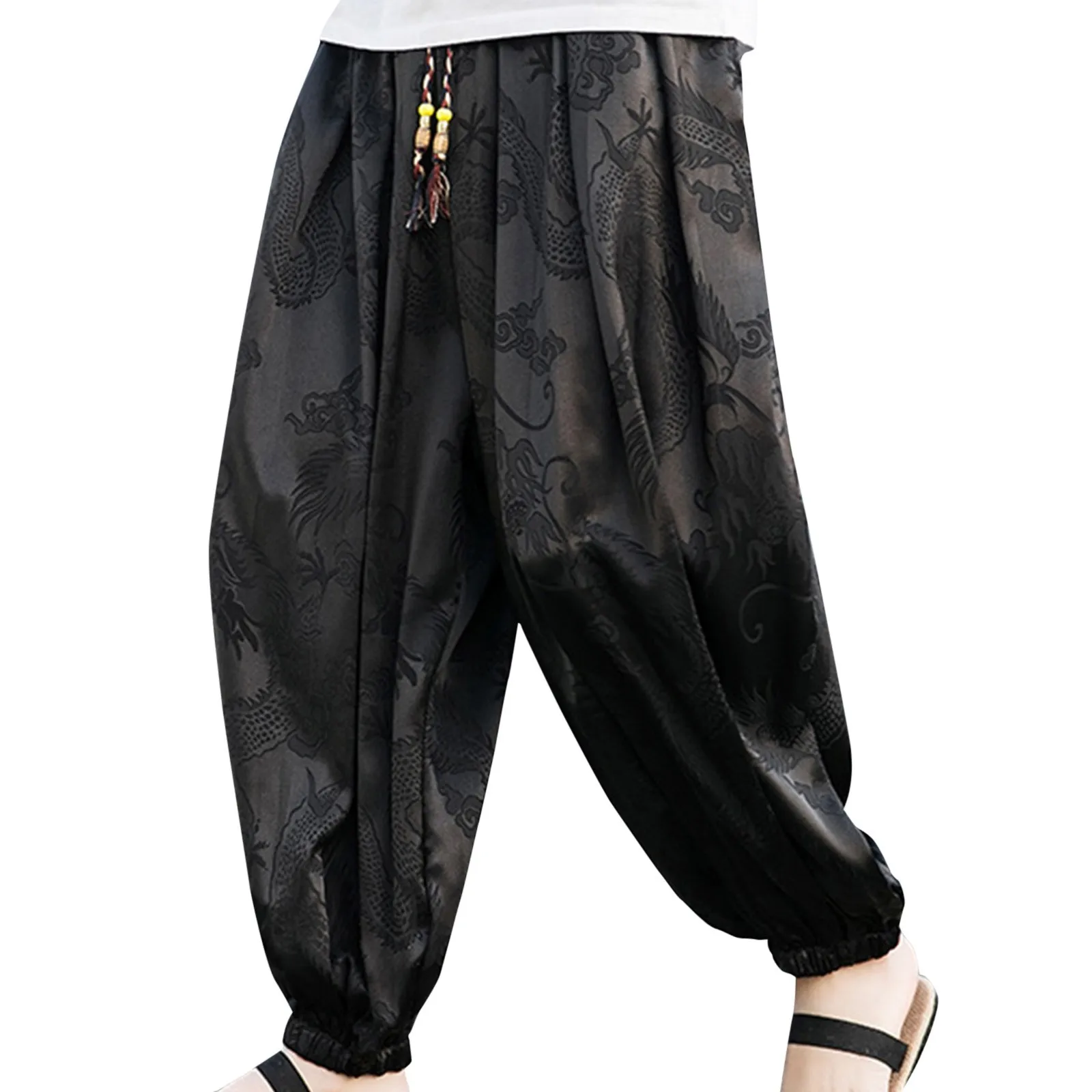 

Summer Mens Silk Harem Pant Vintage Floral Print Baggy Nine-Point Trousers Bohemian Wide Leg Holiday Beach Drawstring Bottoms