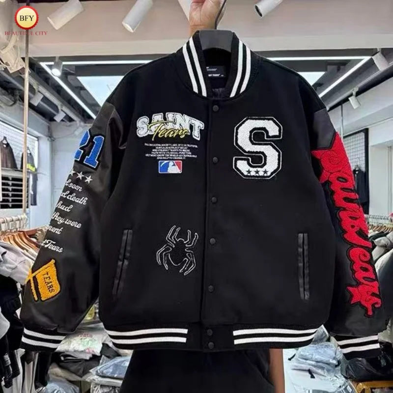 

Бейсбольная куртка Saint High Street с несколькими иглами и вышивкой, мужская и женская повседневная летная куртка большого размера в стиле пэчворк