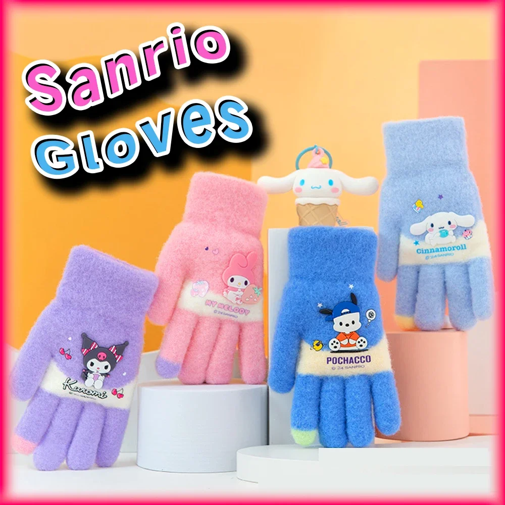 

Kawaii Kuromi Kids Knit Thick Gloves Sanrio Anime Cinnamoroll My Melody Pochacco Winter Children Girl Boy Gloves for Outside