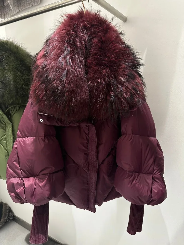 

White Duck Down Jacket Warm Reality Fur Coat Thick New Winter Large Women Mid Long Parka Knitted Sleeve Real Fur Puffer Jacket
