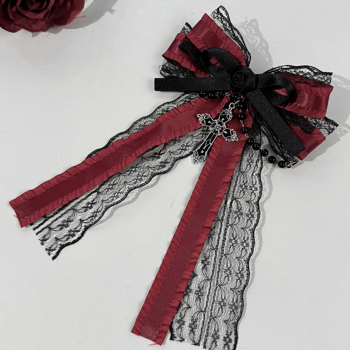 20pc Pearl Dark Lace Bow Hair Clips Gothic Lolita Style Red & Black Cross Hairgrips Hair Accessories for Women And Girls Bulk