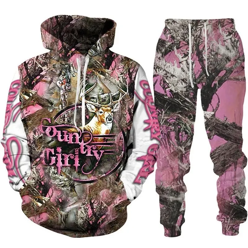 

Country Men Deer Hunting Sweatshirt 3D Print Tracksuit Set Men's Hoodie Pants 2pcs Set Fashion Camo Streetwear Pullover Clothes