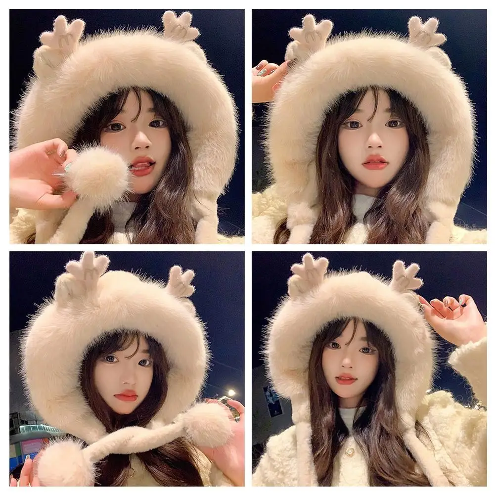 Winter Thickened With Velvet Warm Cycling Cold Hair Ball Ear Protection Hooded New Deer Antler Plush Cute Hat For Woman