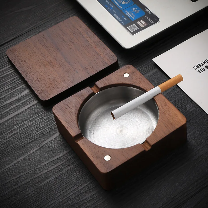 New Creative Ashtrays With Lid Walnut Wood Desktop Ashtray Stainless Steel Windproof Ash Tray for Smoking Office Home Decoration