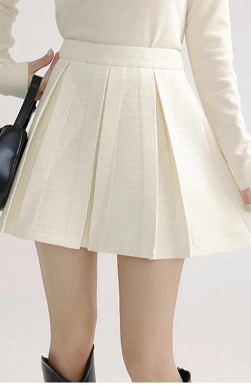 High Waist Pleated Mini Skirt for Women A-Line Wool-like Tweed Short Skirt Korean Elegant Preppy Style Skirt Lady Winter Outfit
