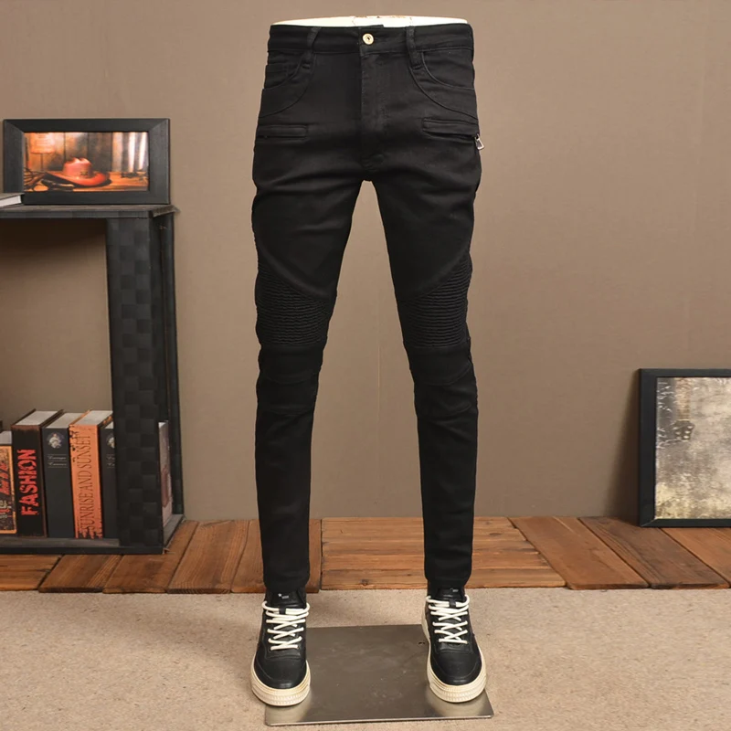 Street Fashion Men Jeans Black Stretch Skinny Fit Spliced Designer Biker Jeans Men Elastic Hip Hop Denim Pencil Pants Hombre