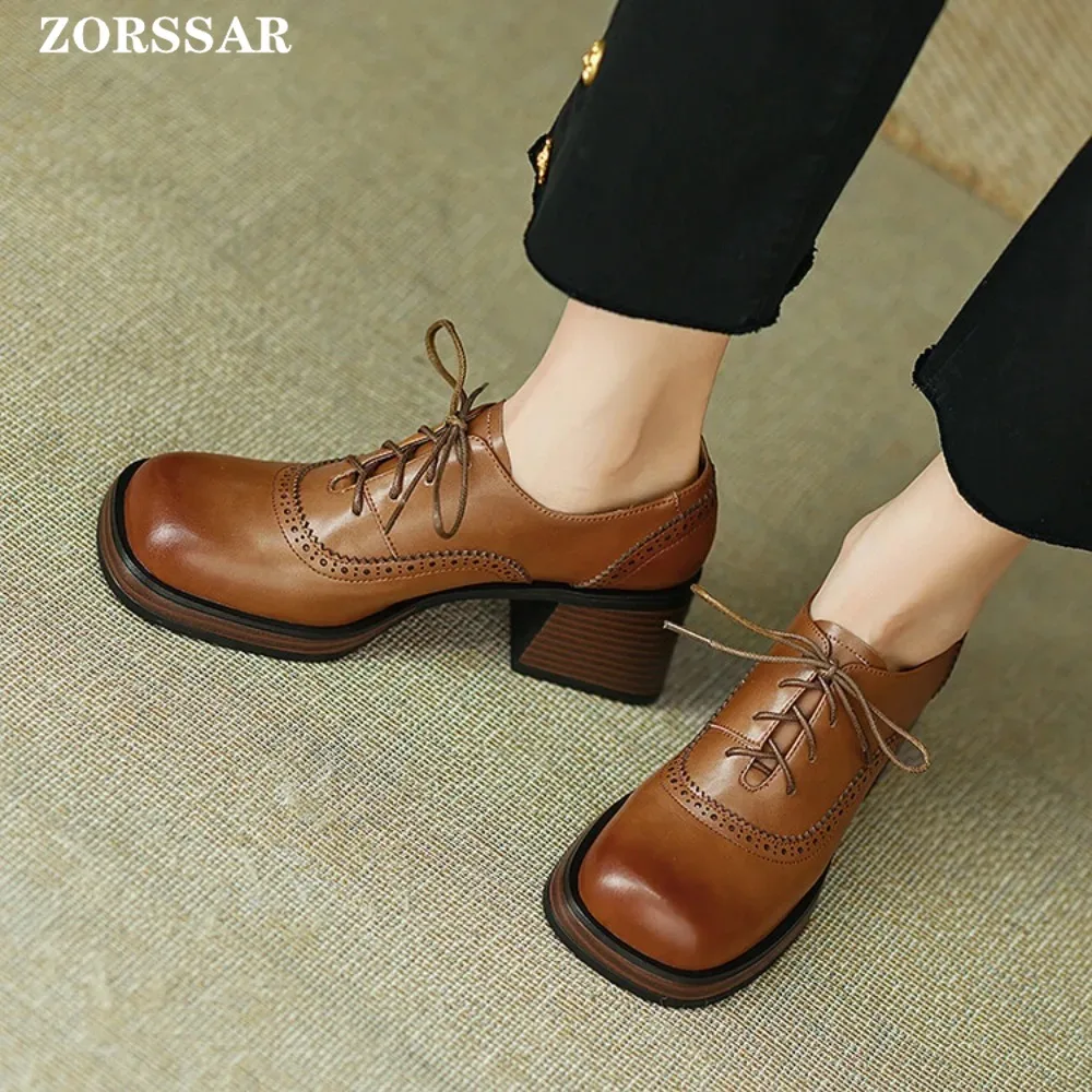 Retro Style Brown Leather Shoes For Women Oxford Square Toe Shoes Square Heel Outdoor Leisure Walking Sneaker Footweight Diaily