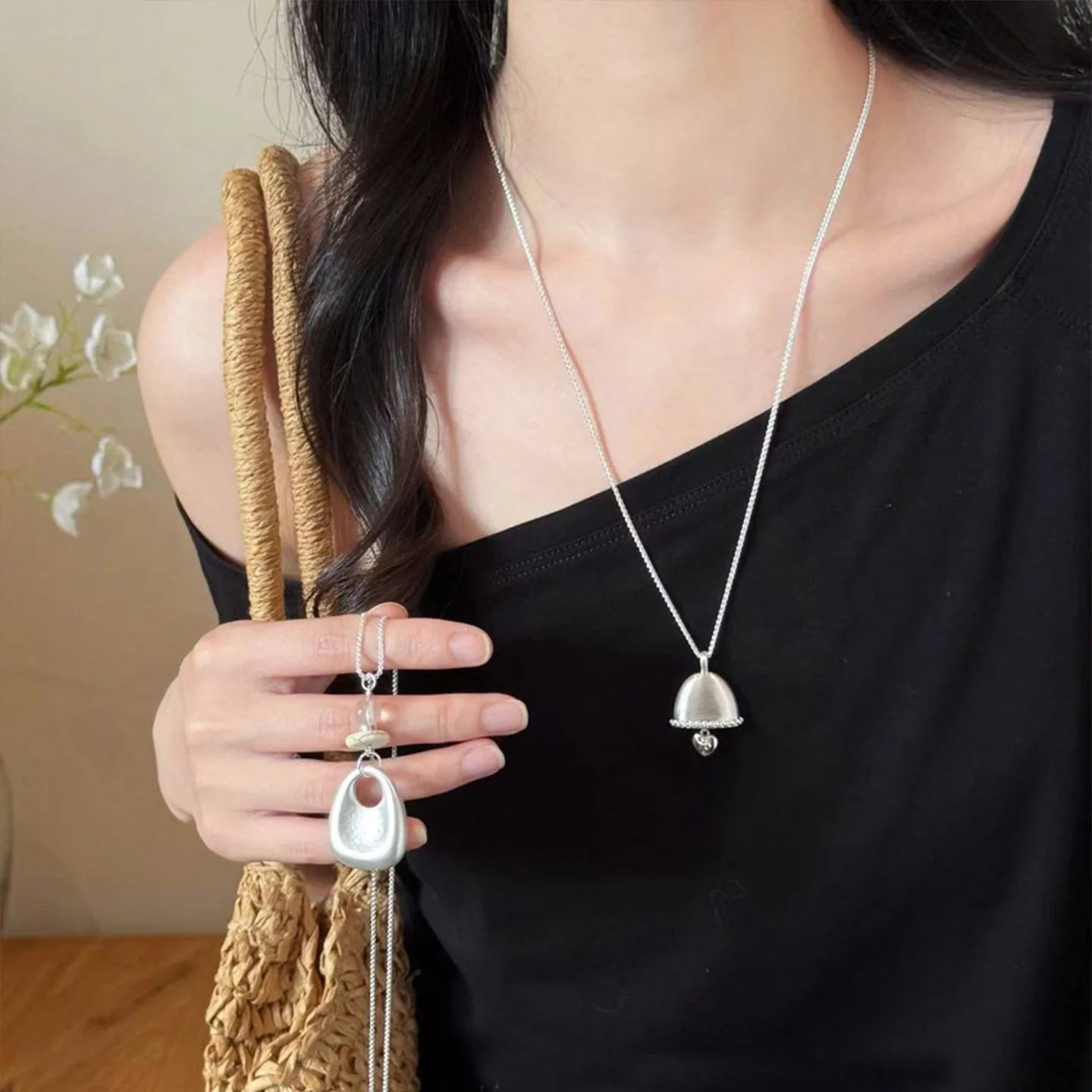 Brushed Silver Bag Charm Pendant Necklace Long Chain Elegant Premium Lightweight Unique Dainty Jewelry for Her