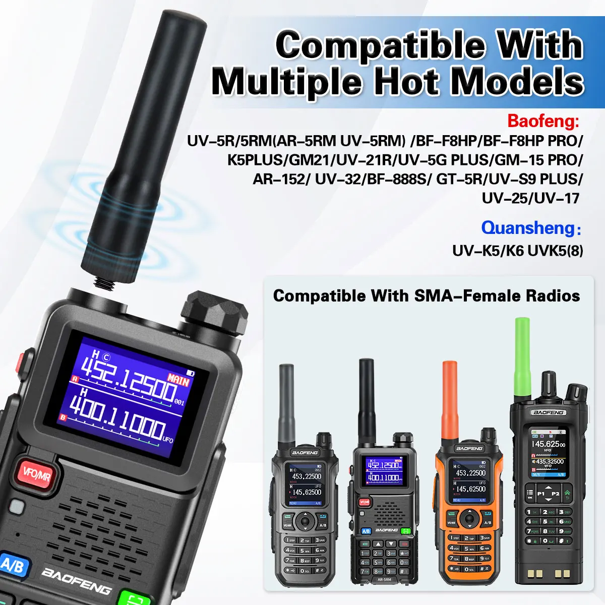 ABBREE SF-20 Dual Band SMA-Female/SMA-Male /BNC Soft Antenna for Baofeng UV-5R UV-32 Quansheng UV-K5 8 Walkie Talkie ST20