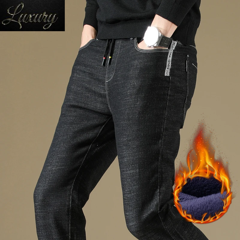 

Thick Fashion Men's Jeans Winter Fleece Warm Casual Classic Straight Slim Male Clothing Elasticity Denim Trousers