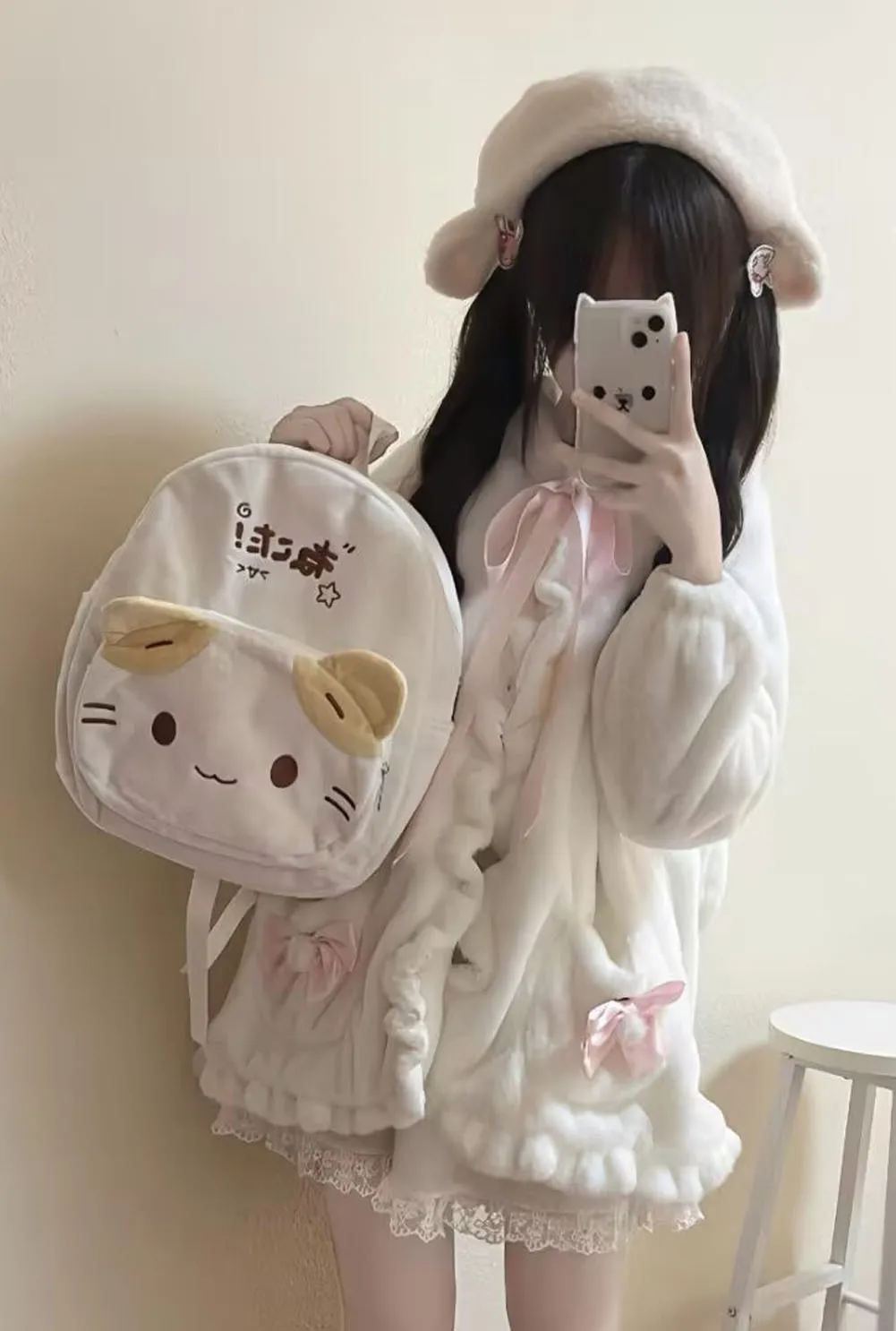 Cute Masyumaro Fuwa Nyanko Cat With Ears Plush Backpack Bag Anime Kawaii Rucksack Bags for Women Girls Kids Back Pack