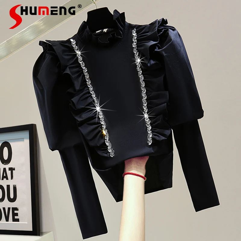 2022 Spring New Ladies Fashion Exquisite Rhinestone Solid Puff Sleeve Shirt Women Korean Slimming Ruffles Long Sleeve Blusas Top