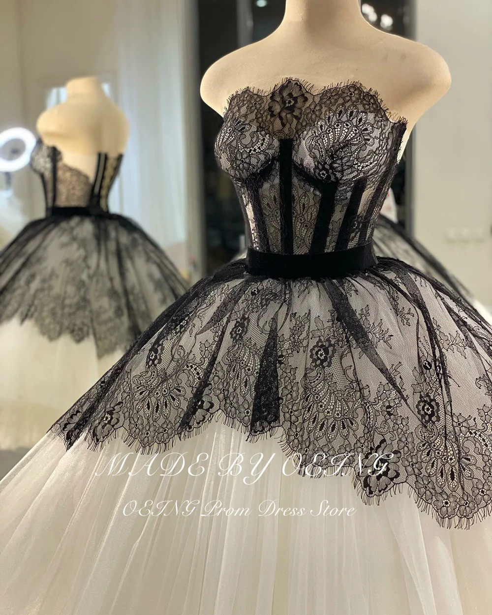 OEING Vintage Black And White Tulle Prom Dresses Elegant Lace Formal Party Evening Gowns Women Ball Dress Vestidos De Gala