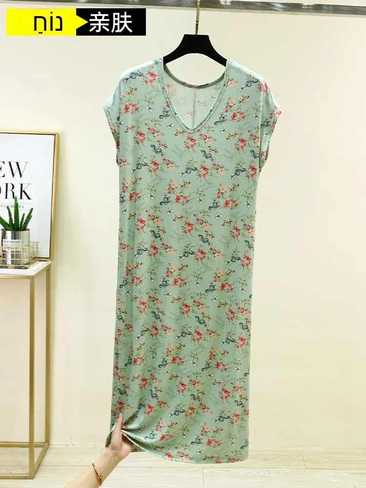 

Modal Floral Sleep Dress Women Summer Loose Cool Feeling Home Long Sleeveless V-Neck Casual Gown Youth Leisure Home Dress