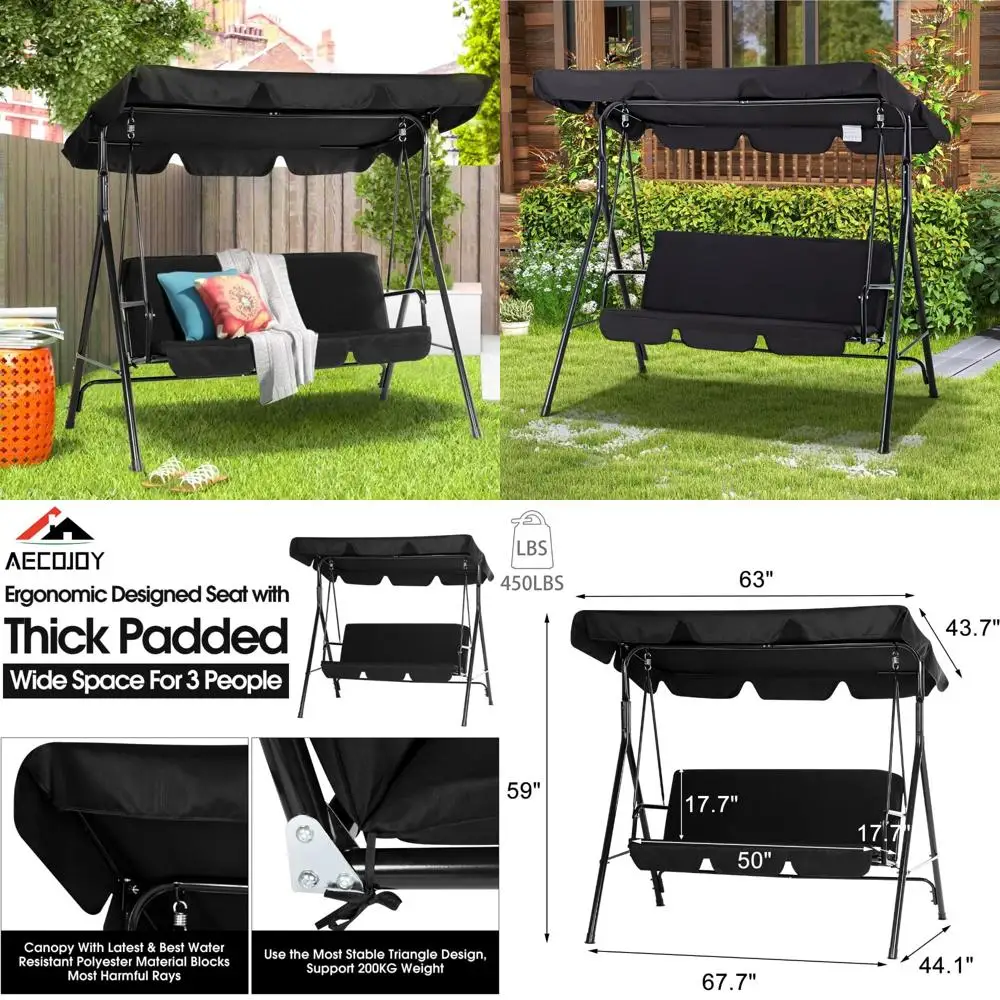 أرجوحة الشرفة الخارجية ذات 3 مقاعد مع مظلة قابلة للتعديل ووسائد قابلة للإزالة للبالغين، مقعد أرجوحة مريح للاسترخاء