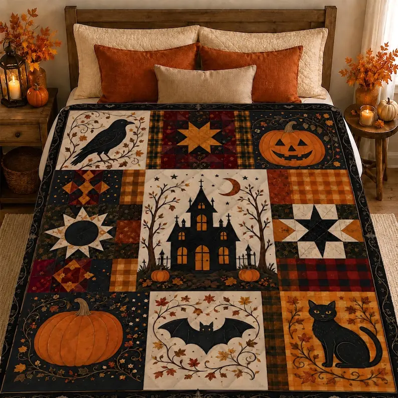 Vintage Halloween Quilt Blanket, Quilted Haunted House Bedding Set, Pumpkin Raven Patchwork Throw Gothic Fall Home Decor, Spooky Autumn Gift
