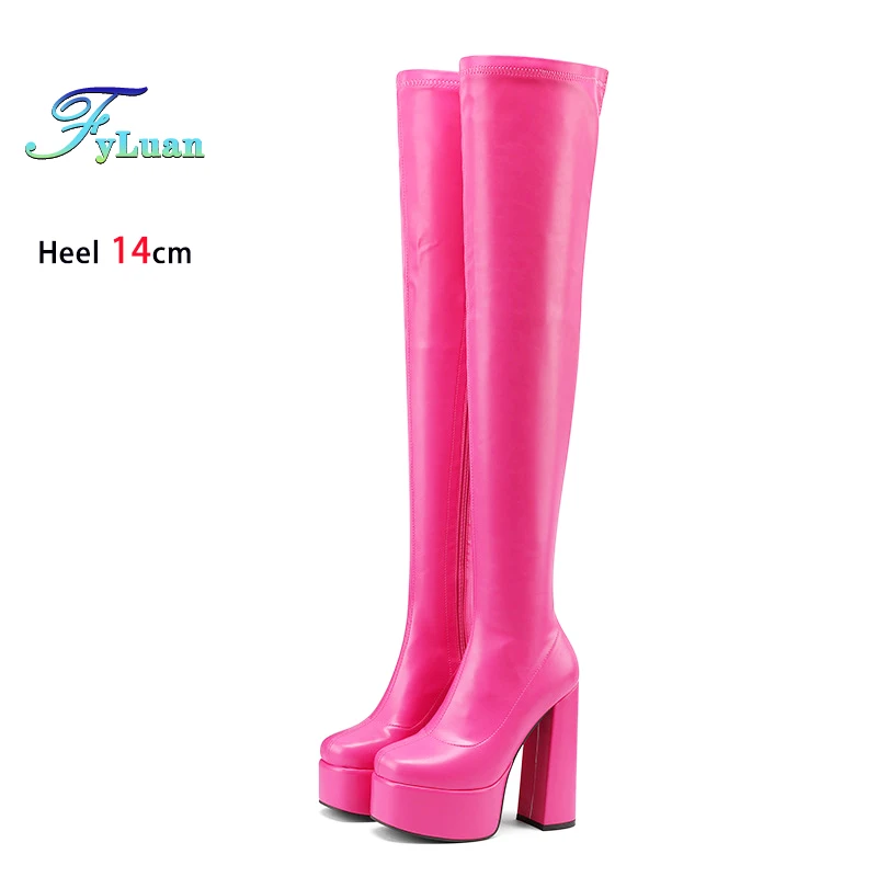 

Сапоги выше колена большого размера, пикантные тонкие сапоги до бедра на платформе с квадратным носком, женские туфли до бедра на массивном каблуке 14 см, эластичная кожаная обувь для вечеринок
