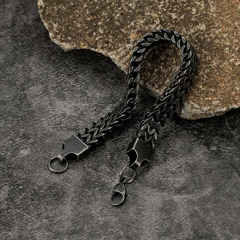 MKENDN Vintage Oxidized Black Double Curb Chain Bracelets for Men Stainless Steel Punk Antique Cubic Foxtail Chain Male Pulseira