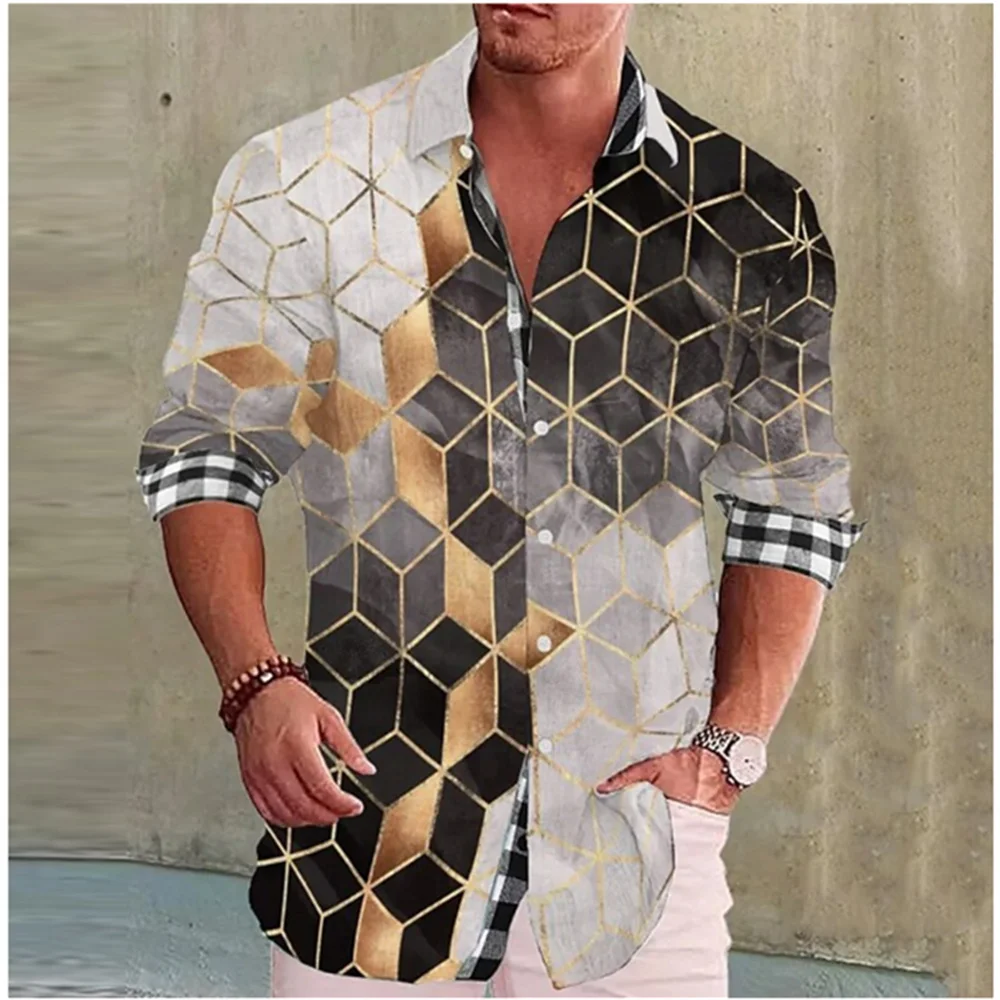 Camisa de manga larga con estampado 3D para hombre, camisa de solapa con patrón cuadrado, top informal de moda para fiesta y club, tela cómoda y