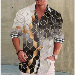 Nuova camicia da uomo 3D modello quadrato stampato camicia a maniche lunghe con risvolto party club fashion casual top tessuto confortevole e morbido