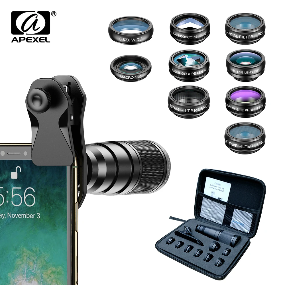 APEXEL 10 in 1  Mobile phone Lens Kit 22X Telephoto Fisheye lens Wide Angle Macro Lens+CPL Star Flow Filters for all smartphones