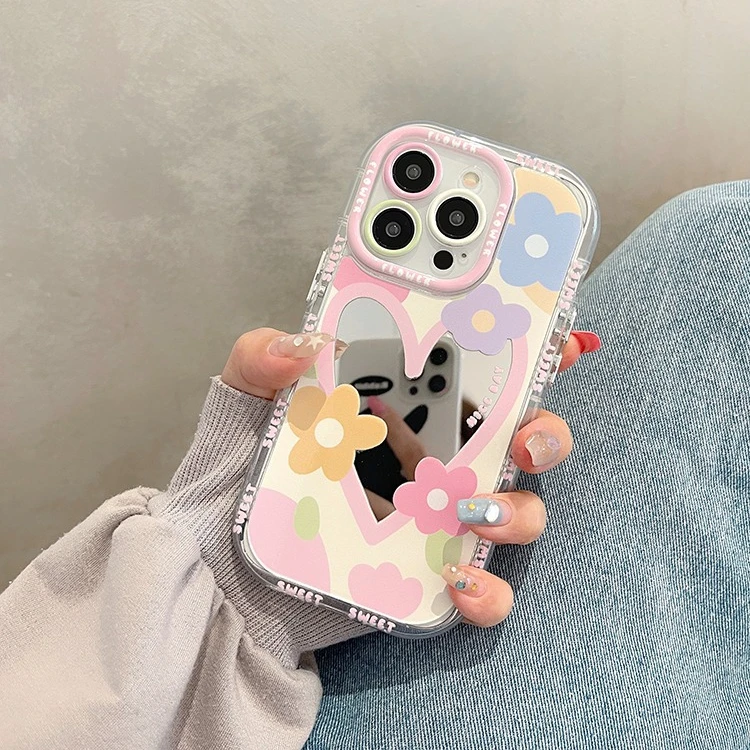 Cute Cartoon Flower Mirror Case for iPhone 15 14 13 Pro Max 12 11 15Pro Love Heart Colorful Make Up Ins Korean Shockproof Cover